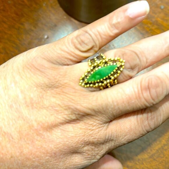 Vintage 14k Filagree Statement Ring with Large Green Stone - Picture 1 of 7
